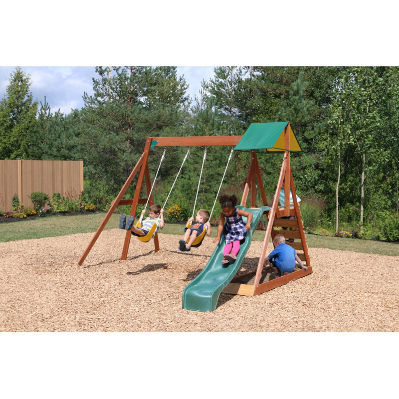 KidKraft Sunview II Wooden Outdoor Swing Set with Swings, Slide and